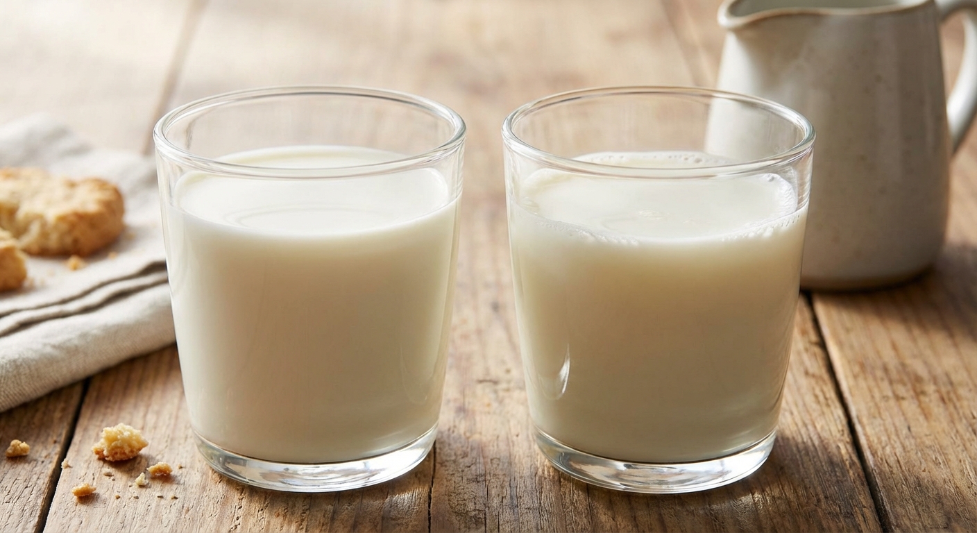 투명한 유리컵에 담긴 일반 우유와 저지방 우유의 질감 비교