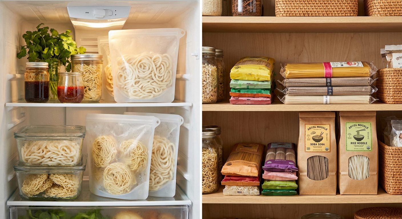 냉장고에 보관된 생면과 팬트리에 정리된 건면 패키지