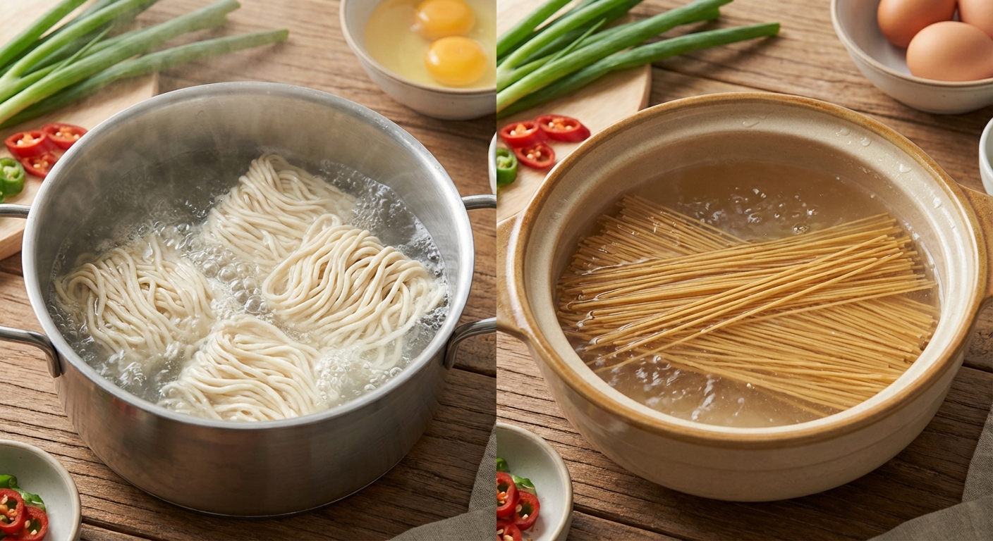 끓는 물에 생면과 건면을 각각 넣고 조리하는 모습