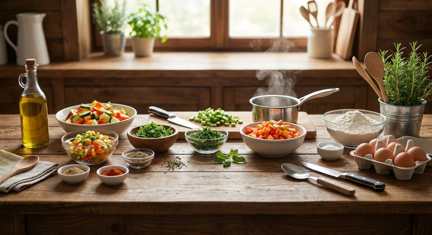 재료가 모두 준비된 주방 작업대