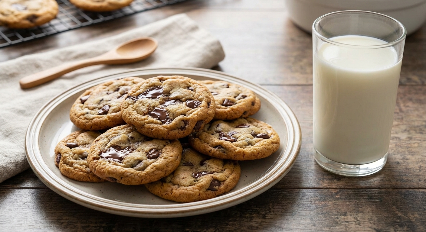 접시에 담긴 완성된 쿠키들과 우유 한 잔