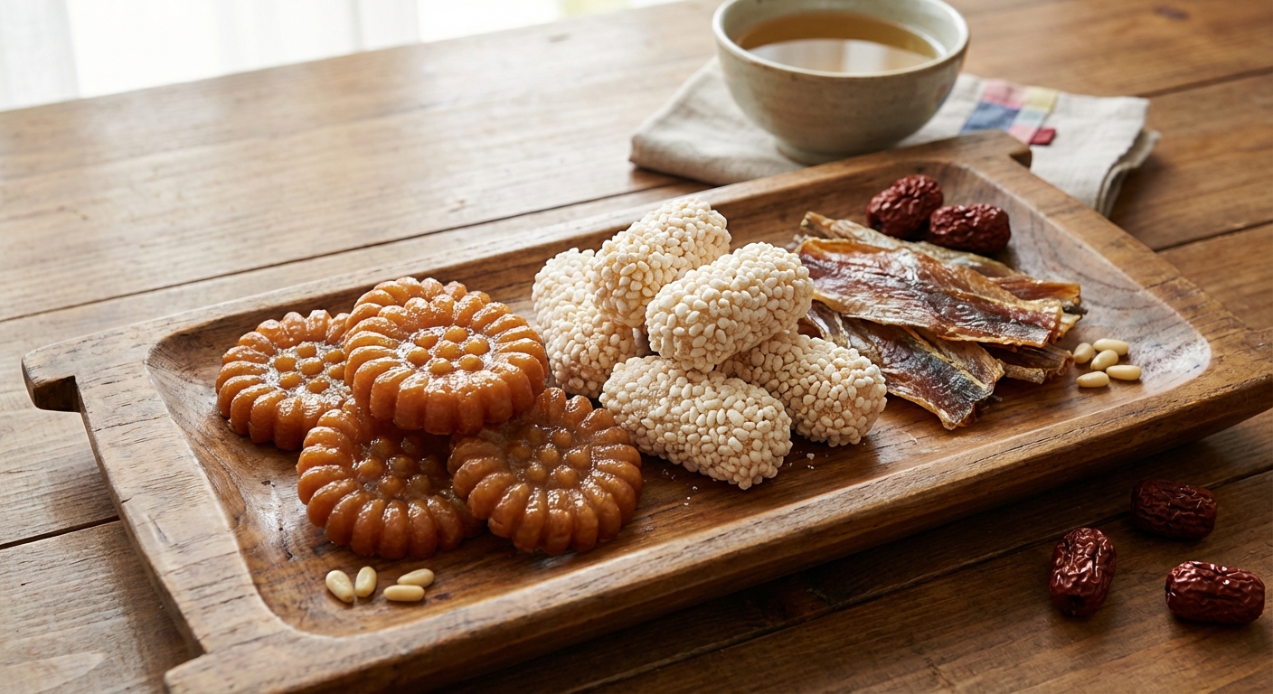 약과, 유과, 어포가 담긴 전통 목기 사진