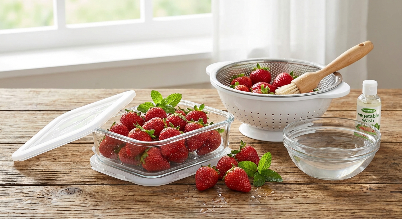딸기 보관 용기와 세척 도구