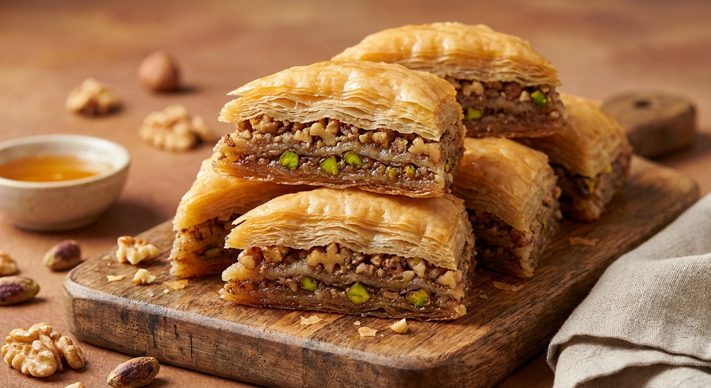 단면이 보이는 바클라바와 견과류 층