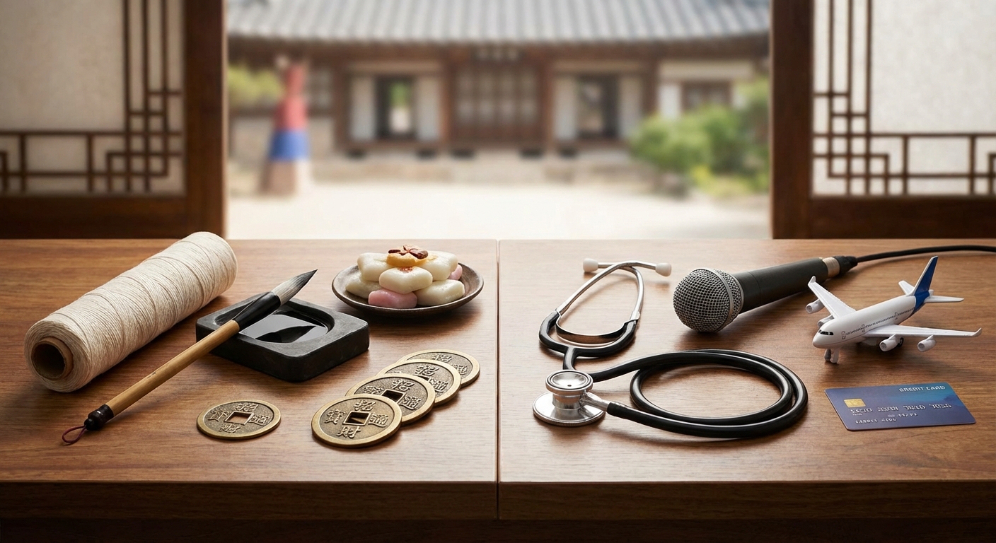 전통 돌잡이 물건과 현대 돌잡이 물건 비교 사진