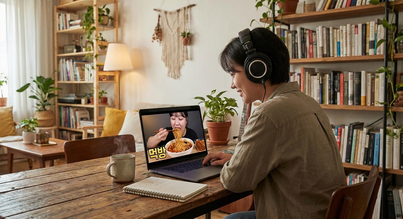 헤드폰을 끼고 먹방을 보는 모습