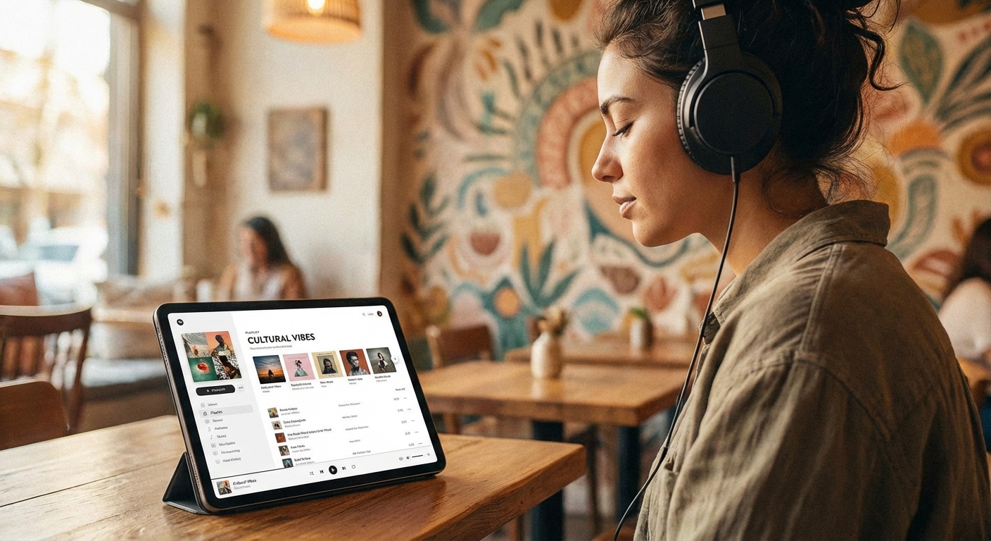 헤드폰을 쓰고 음악을 듣는 청취자와 플레이리스트 화면