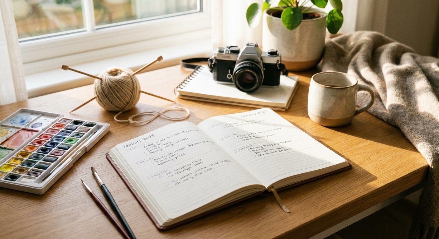 새해 다이어리와 취미 도구들이 놓인 책상