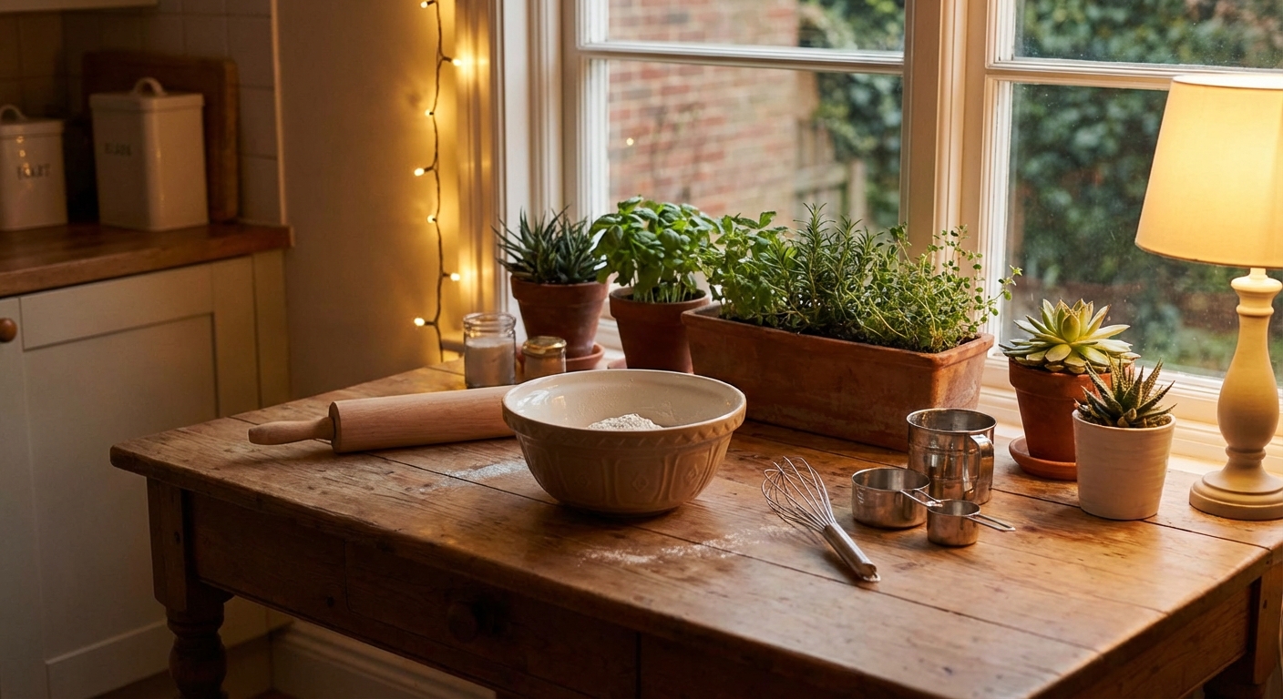 저녁 조명 아래 테이블 위의 베이킹 도구와 식물들