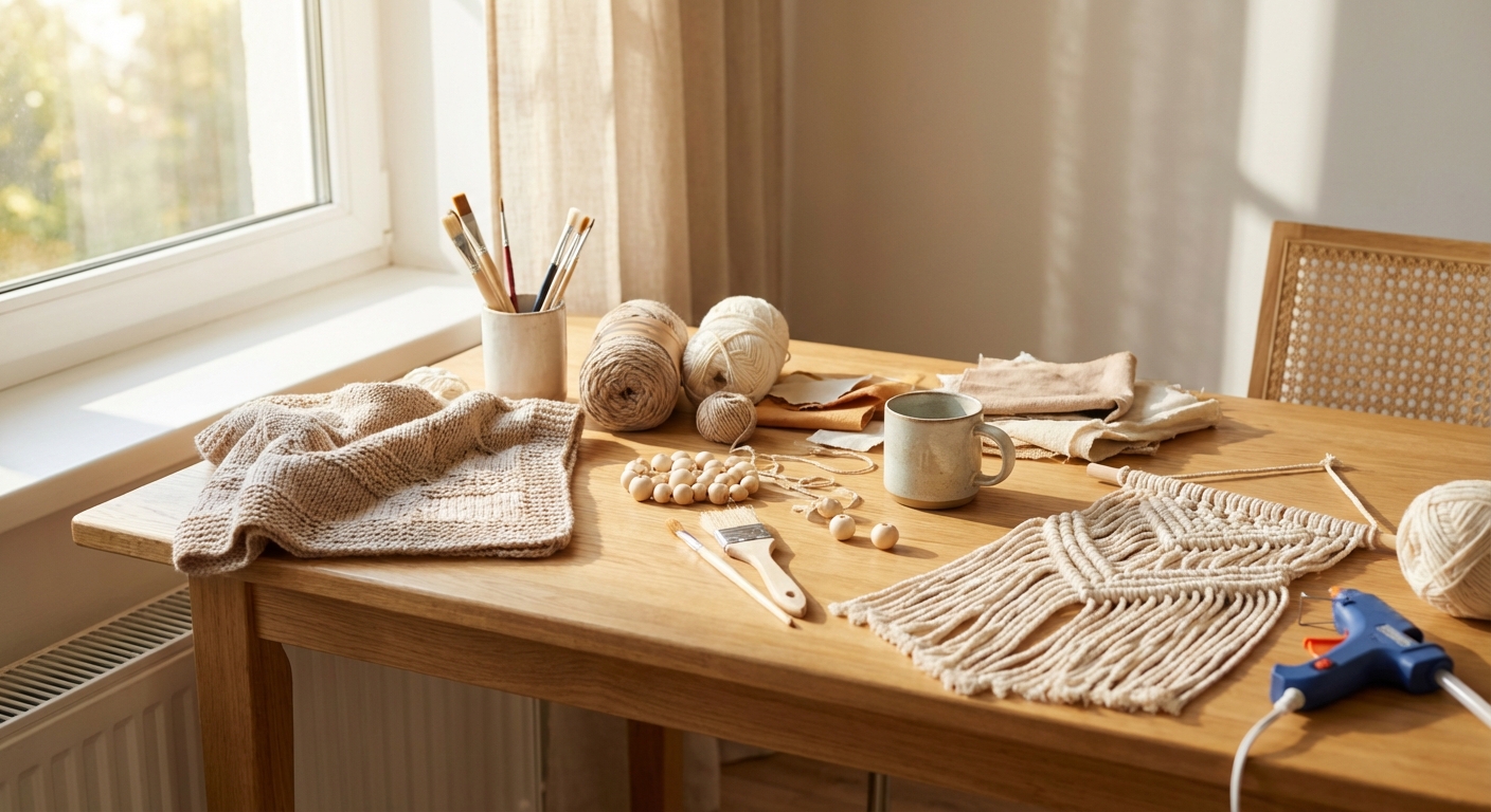 주말 오후 햇살 아래 DIY 공예 재료들과 완성된 작품