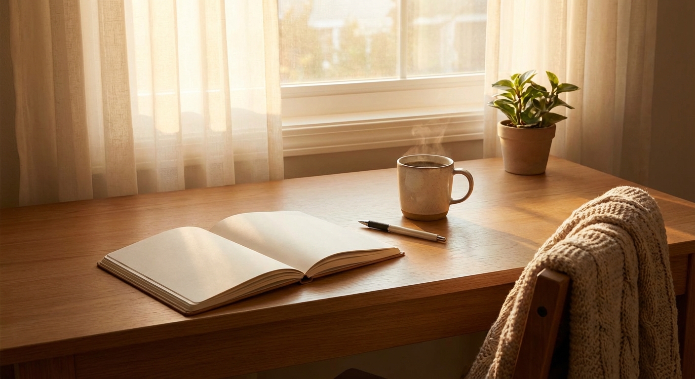 아침 햇살이 들어오는 책상과 노트, 커피