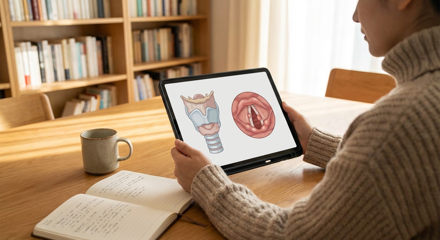 성대의 구조와 성대결절 위치 비교 이미지