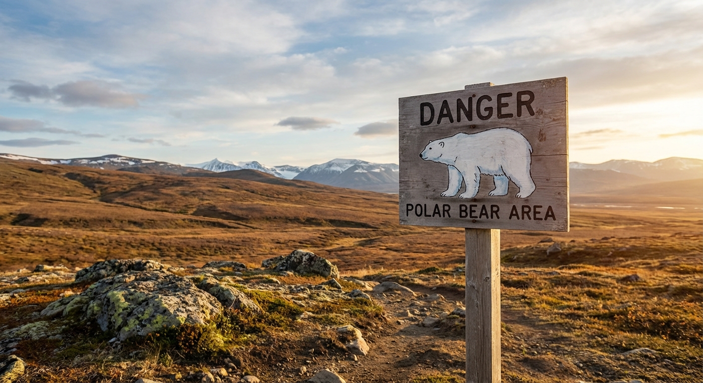 북극곰 경고 표지판과 툰드라 풍경