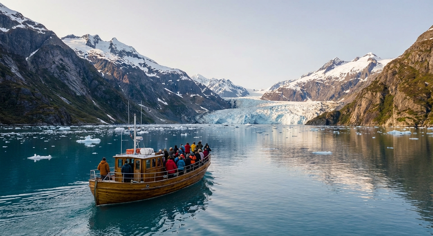 빙하와 피오르 전경, 보트 투어 장면