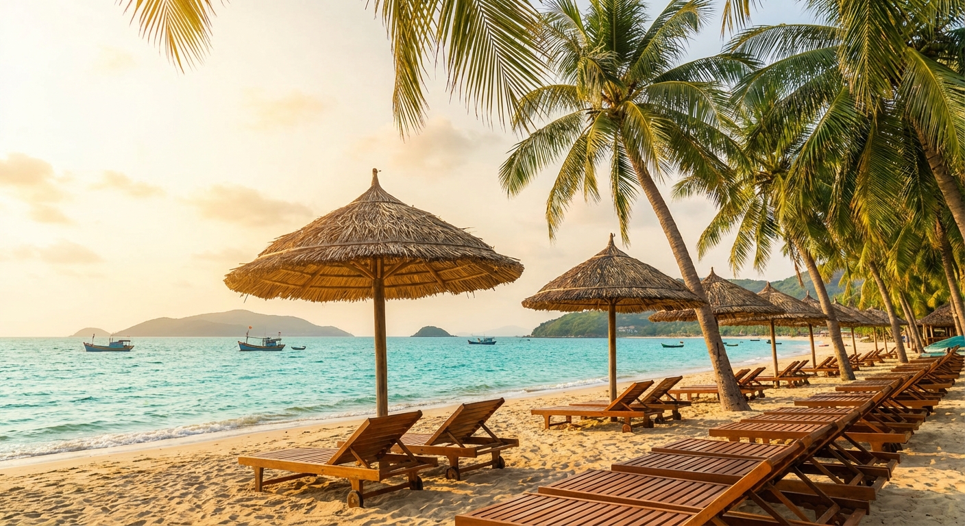 나트랑 해변의 선베드와 야자수