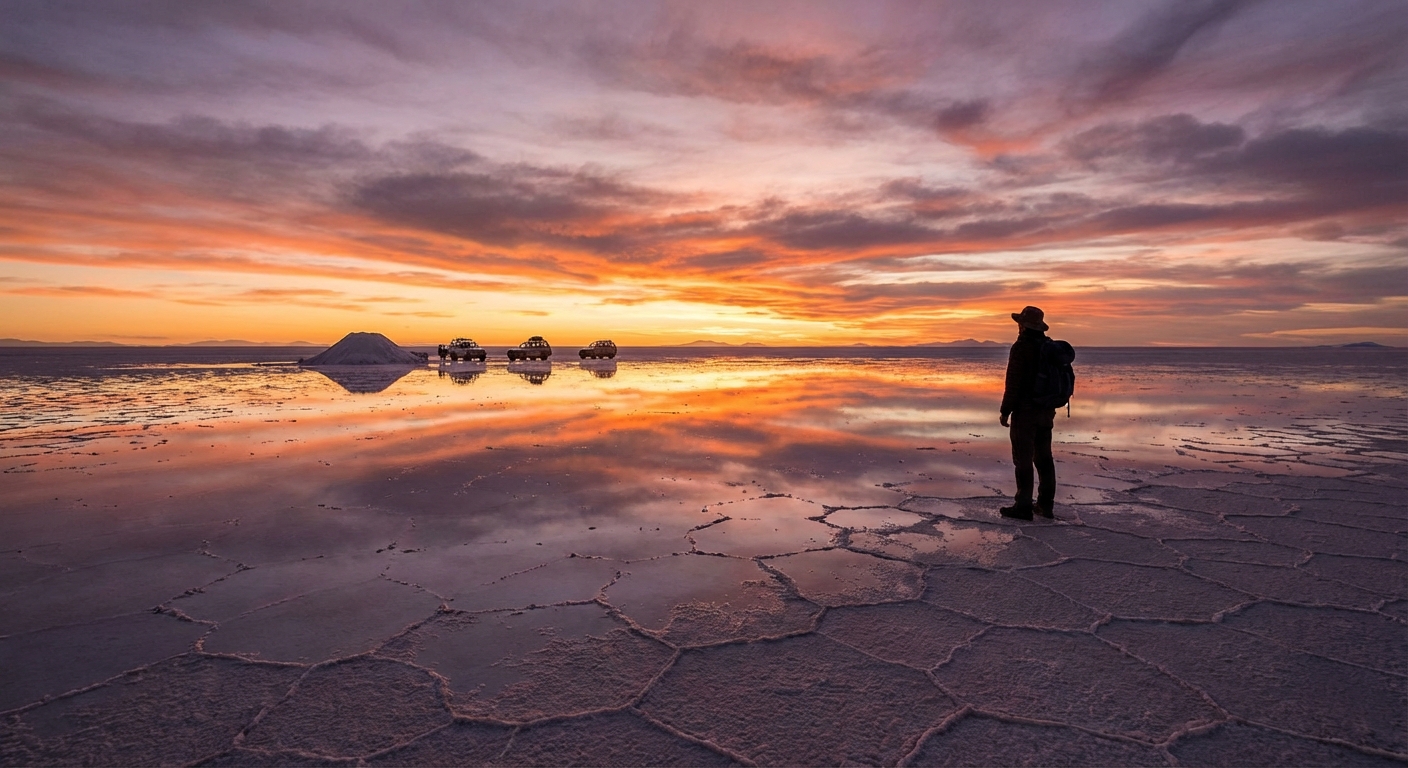 일몰 시간 우유니 소금 사막