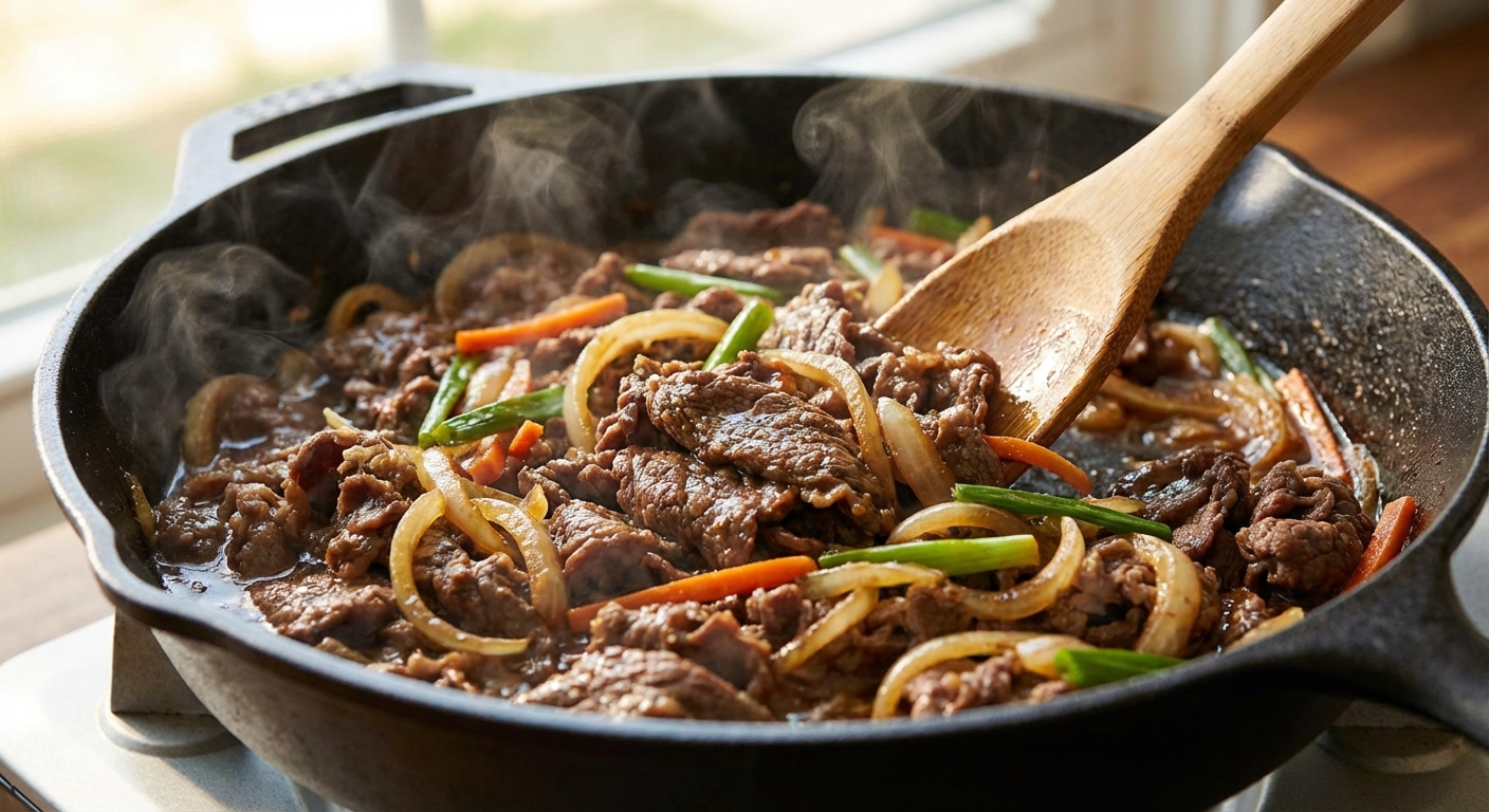 팬에서 볶아지는 소불고기