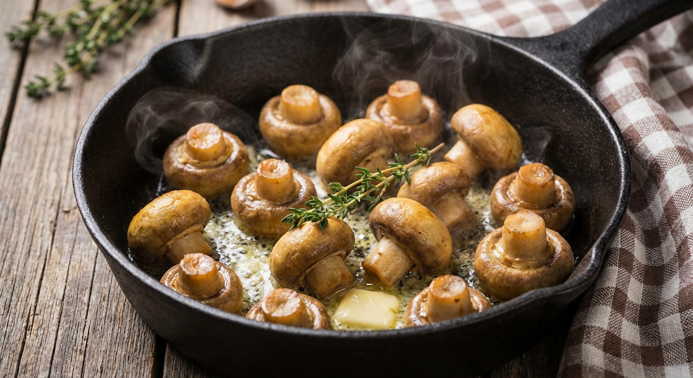 팬에서 버터에 볶아지는 양송이버섯