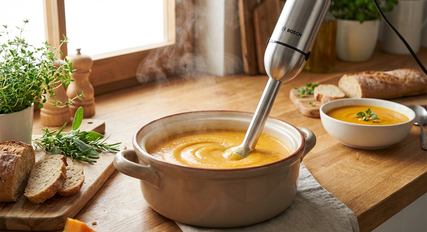 핸드블렌더로 스프를 갈고 있는 모습