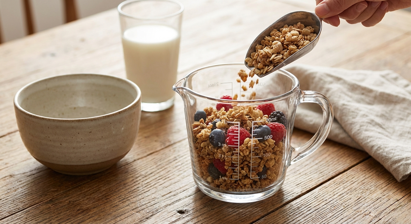 시리얼 계량컵과 적정량 측정 모습