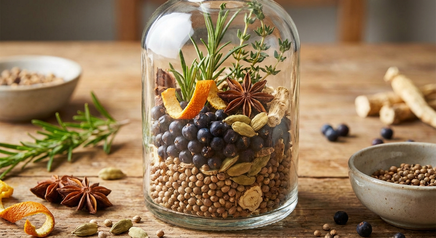 주니퍼 베리와 다양한 보타니컬이 담긴 유리병