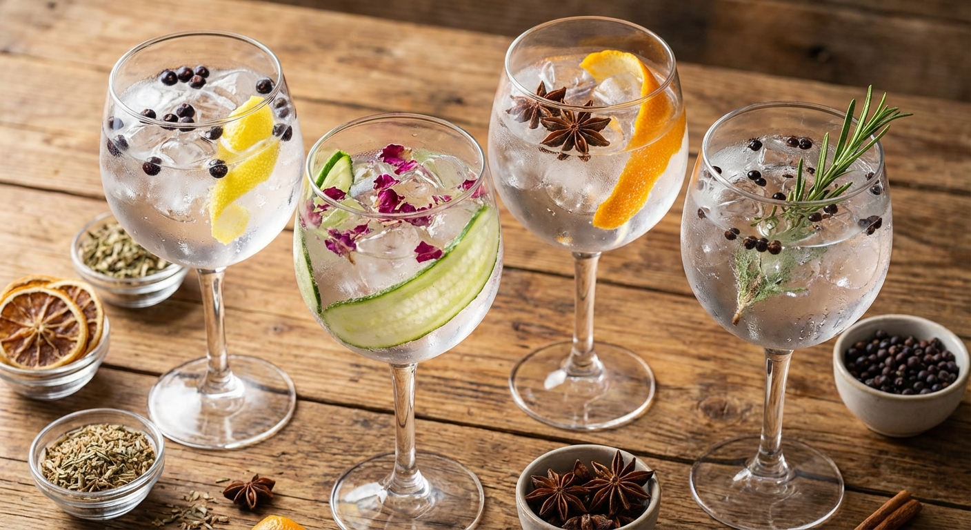 네 가지 진 스타일이 담긴 글라스와 각 스타일별 보타니컬 비교