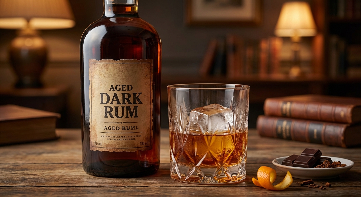 다크 럼 병과 온더록 글라스