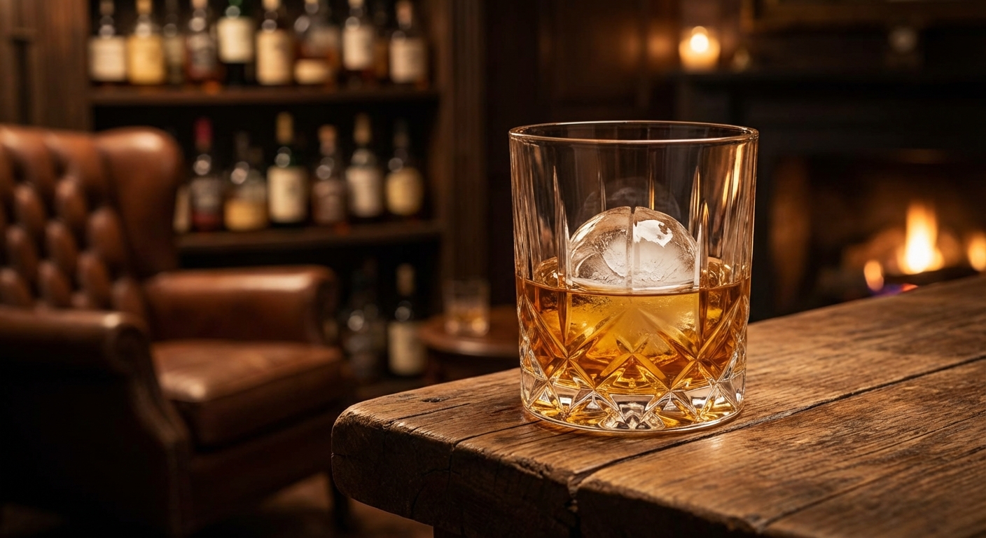 큰 각얼음이 든 위스키 글라스