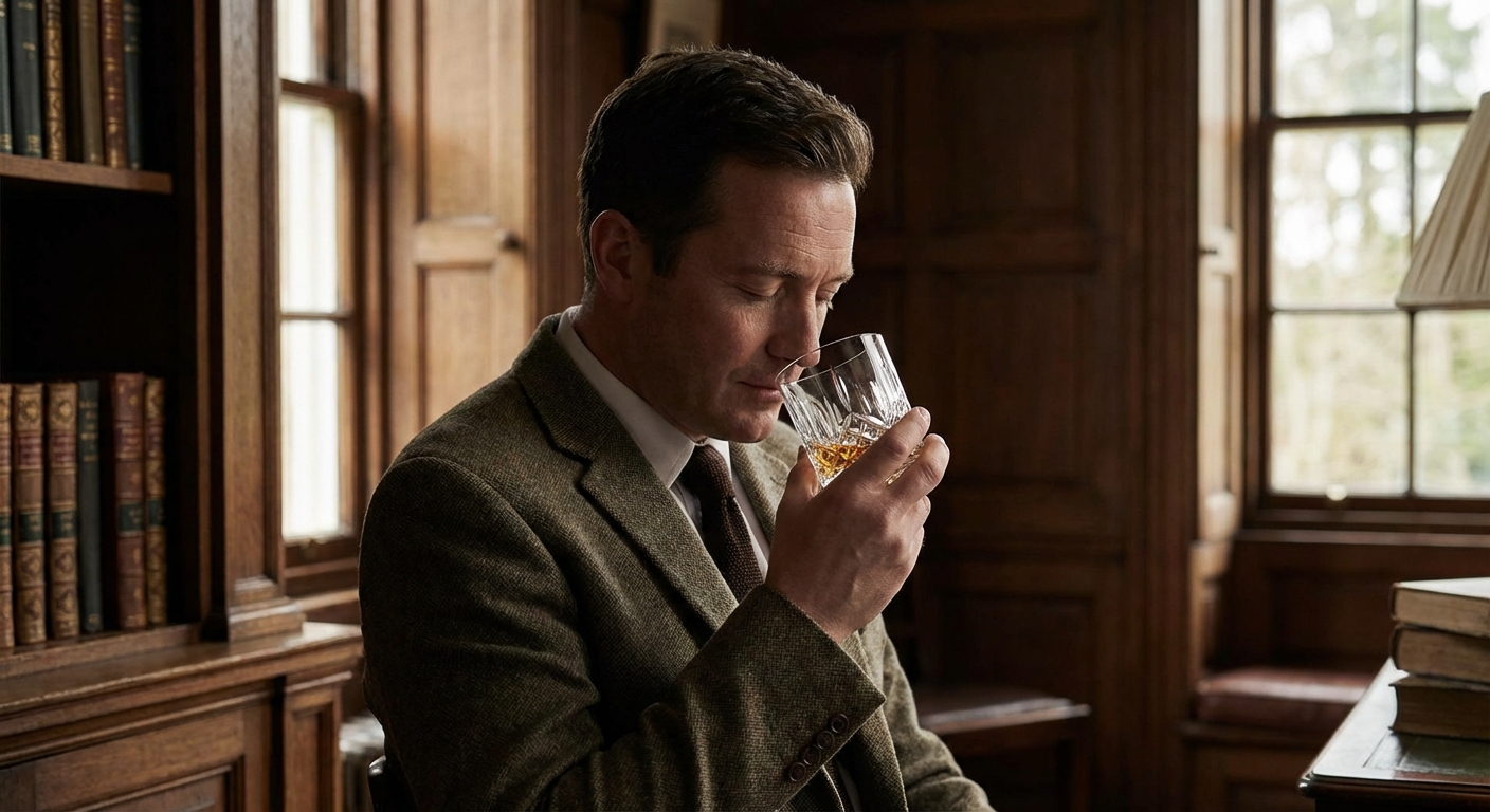 위스키 글라스를 코에 가져가는 모습