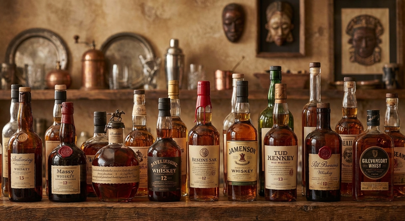 다양한 위스키 병들이 진열된 바 선반
