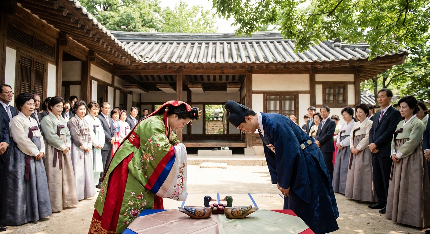 전통 혼례 교배례 장면