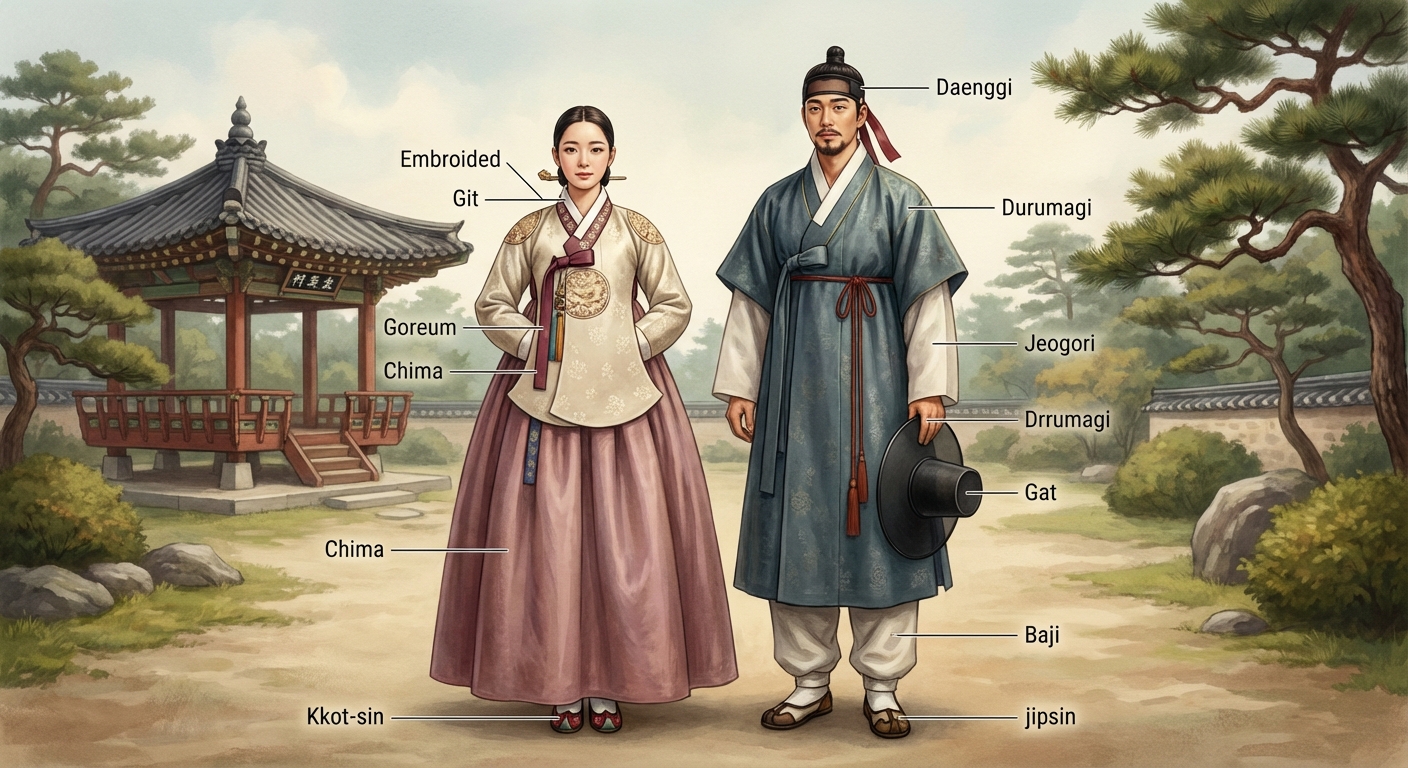 한복의 각 부분 명칭을 표시한 일러스트