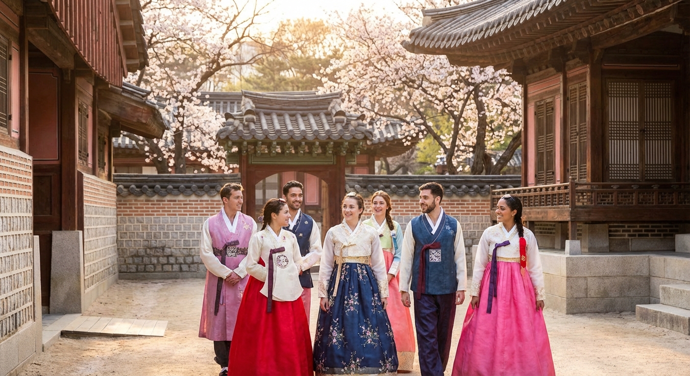 한복 체험 중인 관광객들