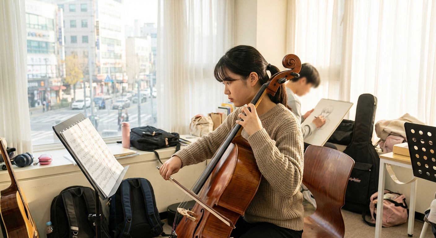 입시 학원 연습실에서 실기 연습 중인 학생