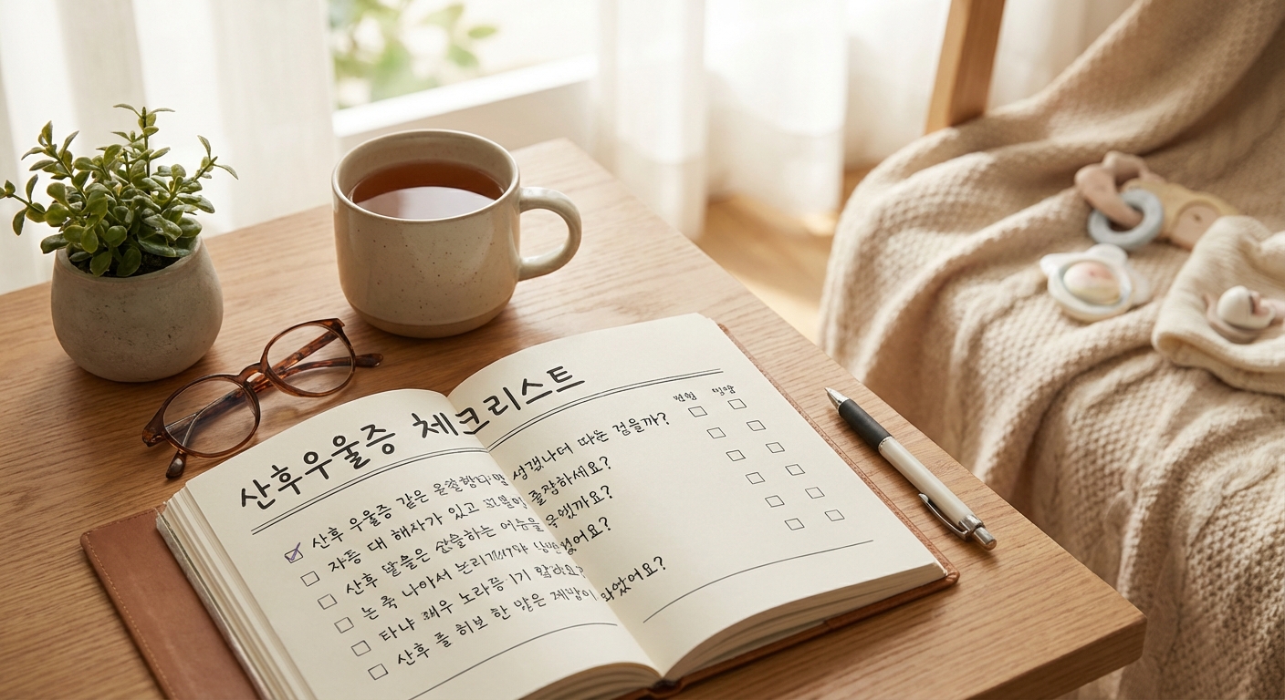 산후우울증 체크리스트가 적힌 노트와 펜