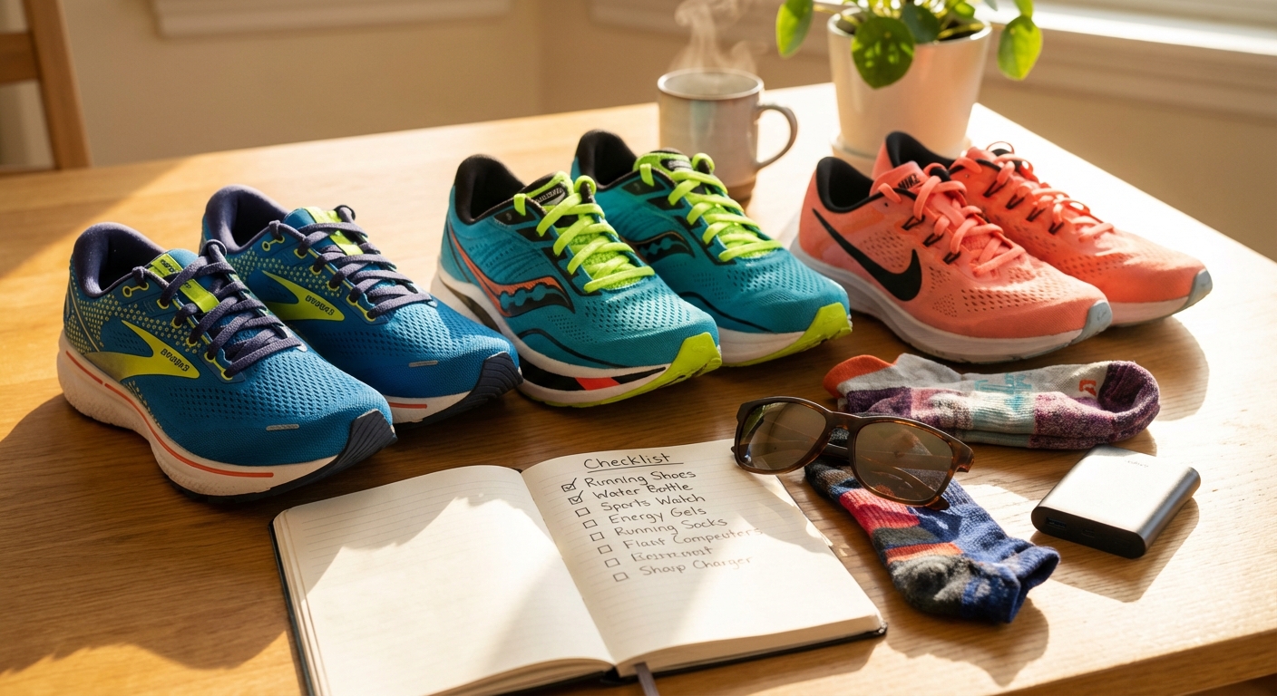 다양한 브랜드의 러닝화와 러닝 액세서리가 정리된 체크리스트