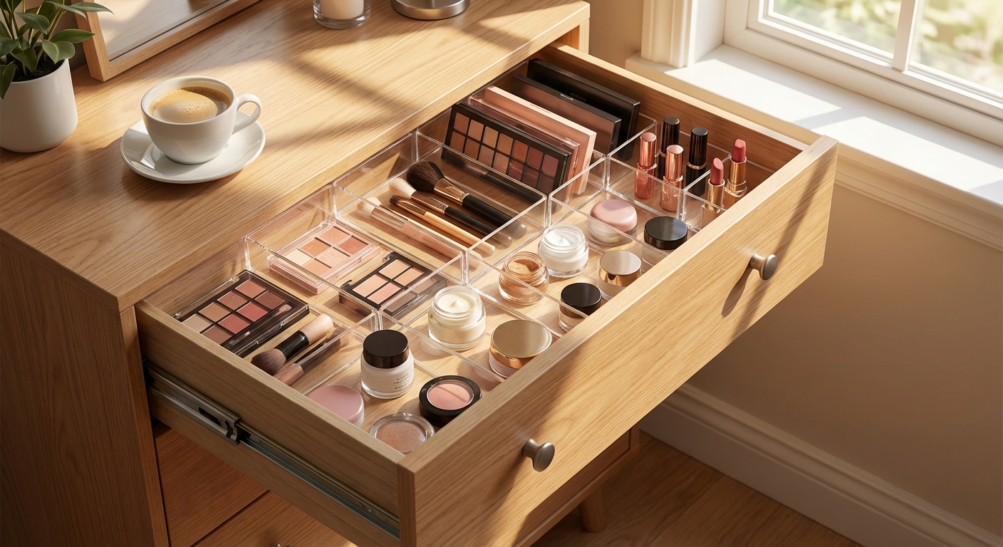 서랍 내부 칸막이로 정리된 화장품