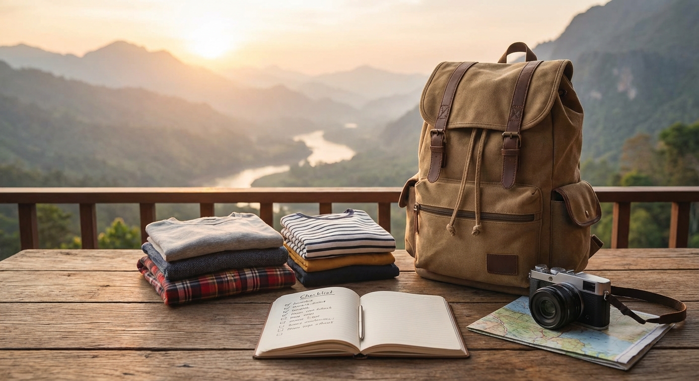 여행 준비물이 정리된 체크리스트와 백팩