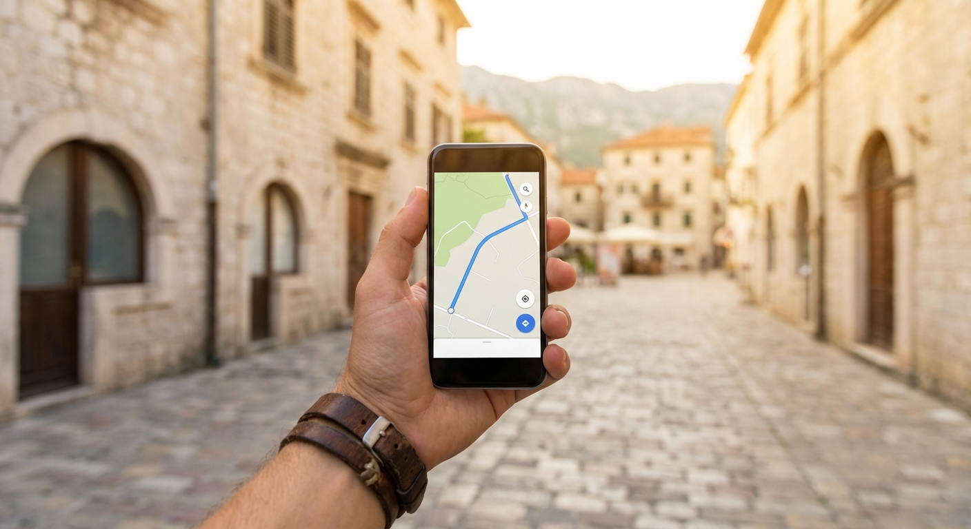 스마트폰으로 지도를 확인하는 여행자의 손