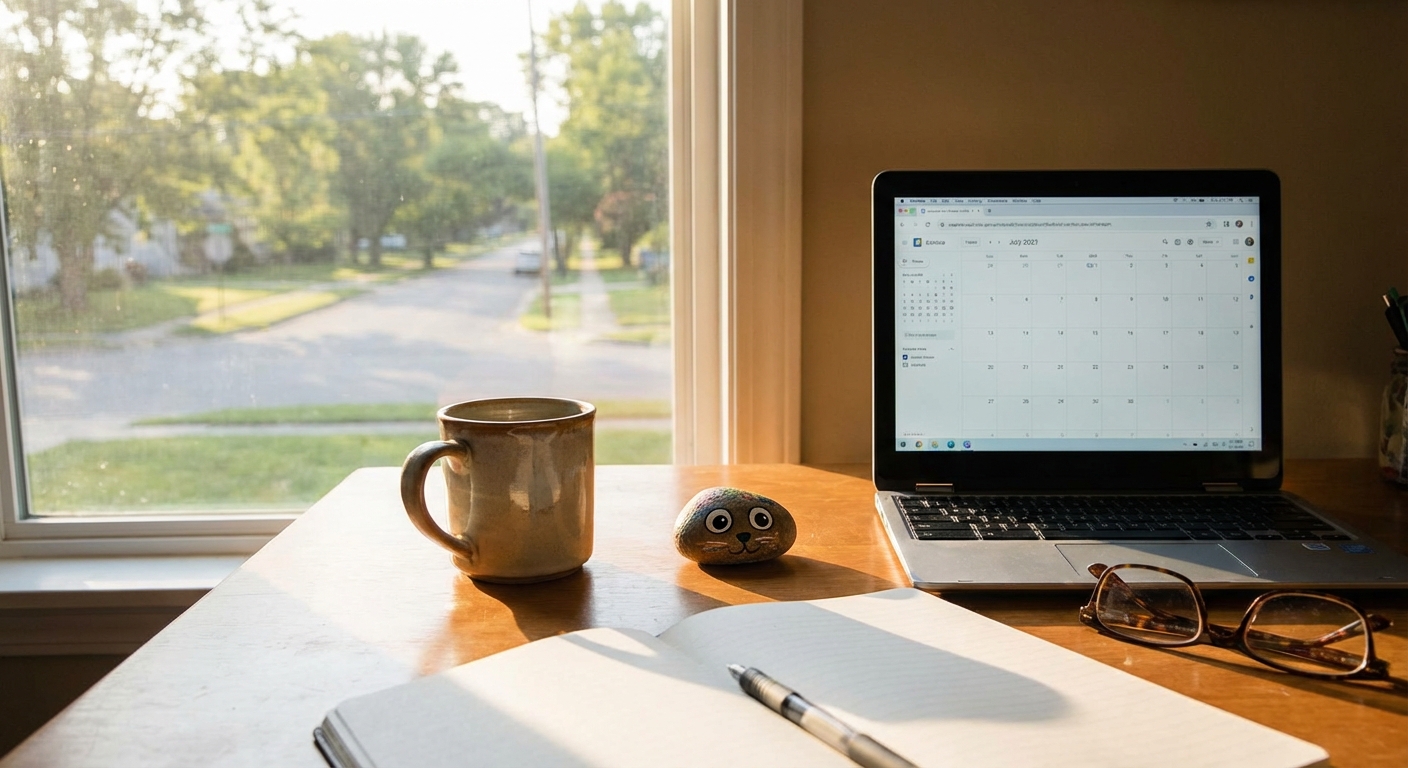 출근 전 아침 루틴, 책상 위 애완 돌과 커피잔
