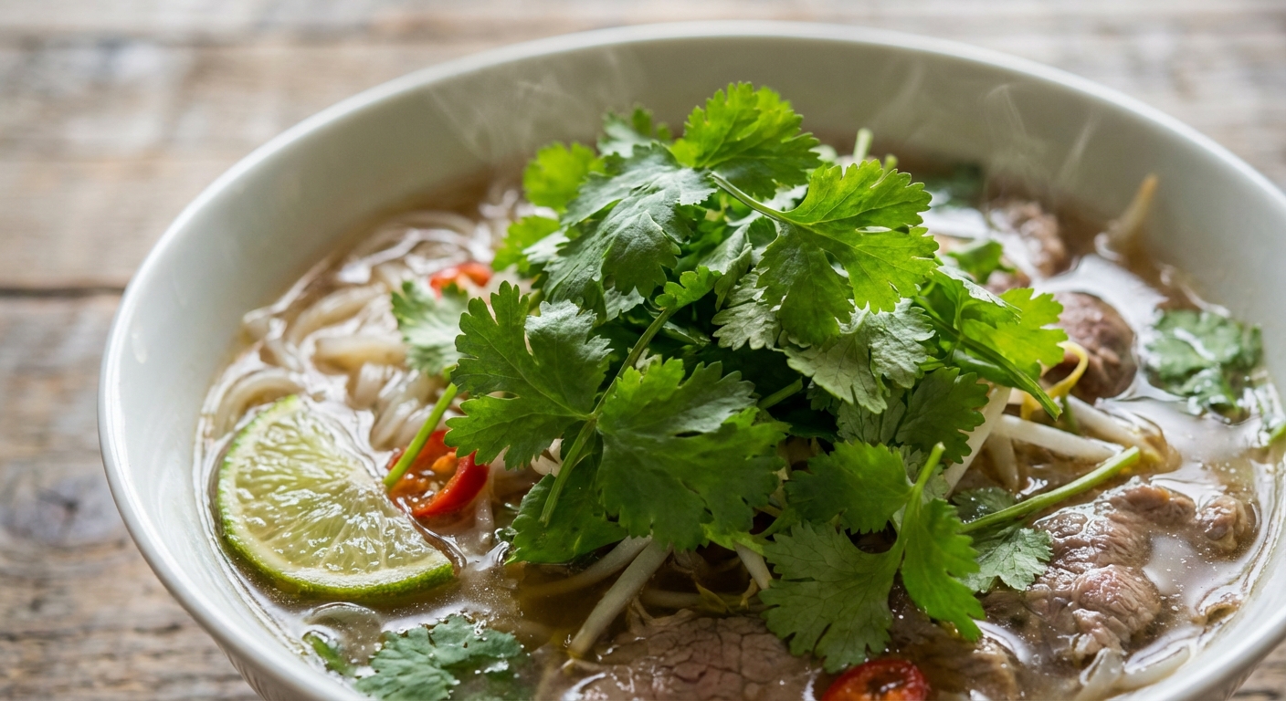 쌀국수 위에 올라간 싱싱한 고수 잎 클로즈업