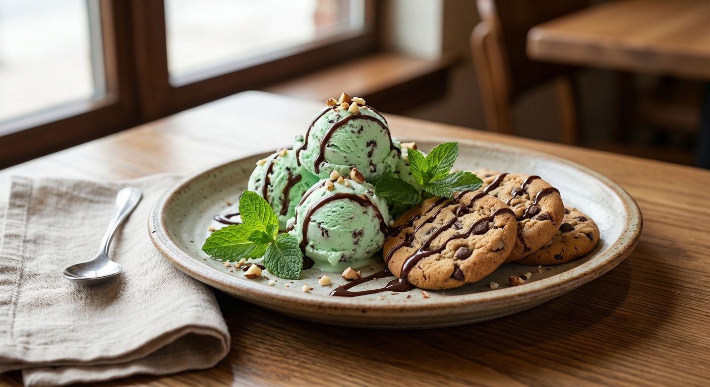 민트초코 아이스크림과 쿠키가 담긴 디저트 플레이트