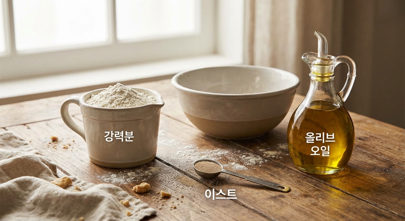 강력분과 이스트, 올리브 오일이 담긴 계량 도구