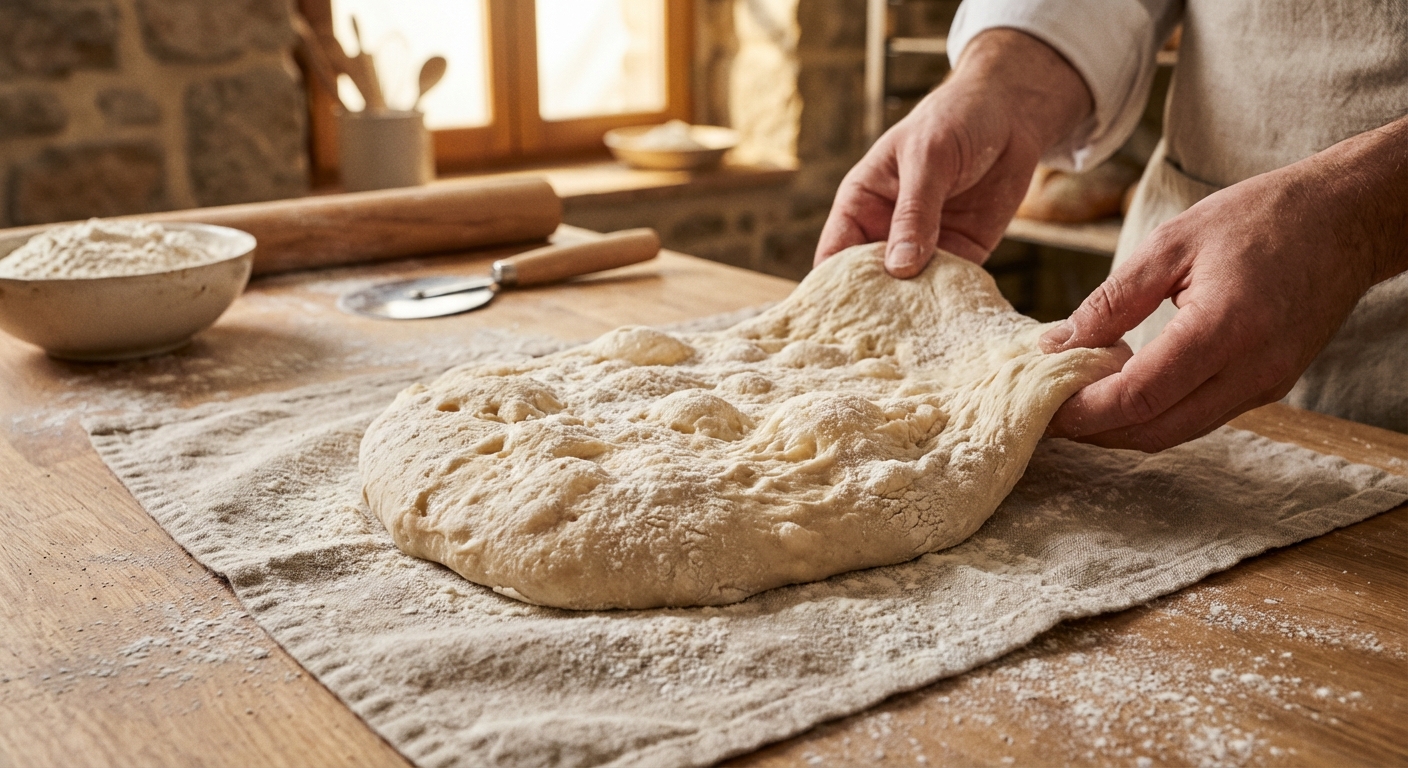 면포 위에 펼쳐진 치아바타 반죽과 밀가루