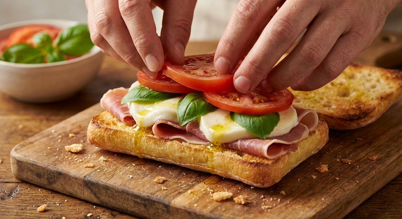 토스팅한 치아바타에 재료를 차곡차곡 쌓는 과정