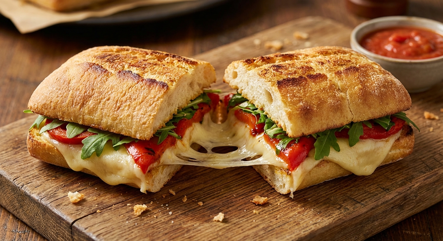 그릴드 치아바타 샌드위치 단면, 녹은 치즈와 바삭한 빵