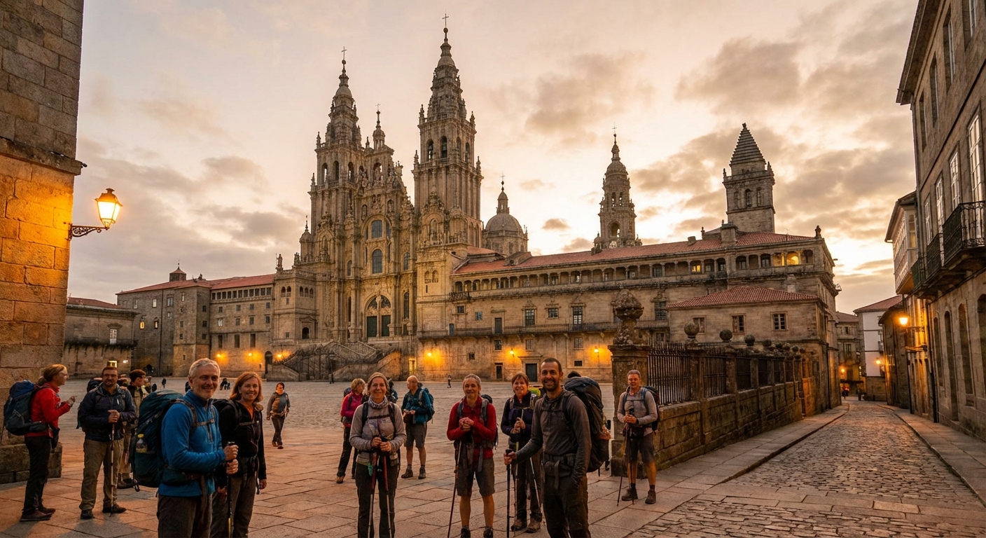 산티아고 대성당 전경과 순례자들
