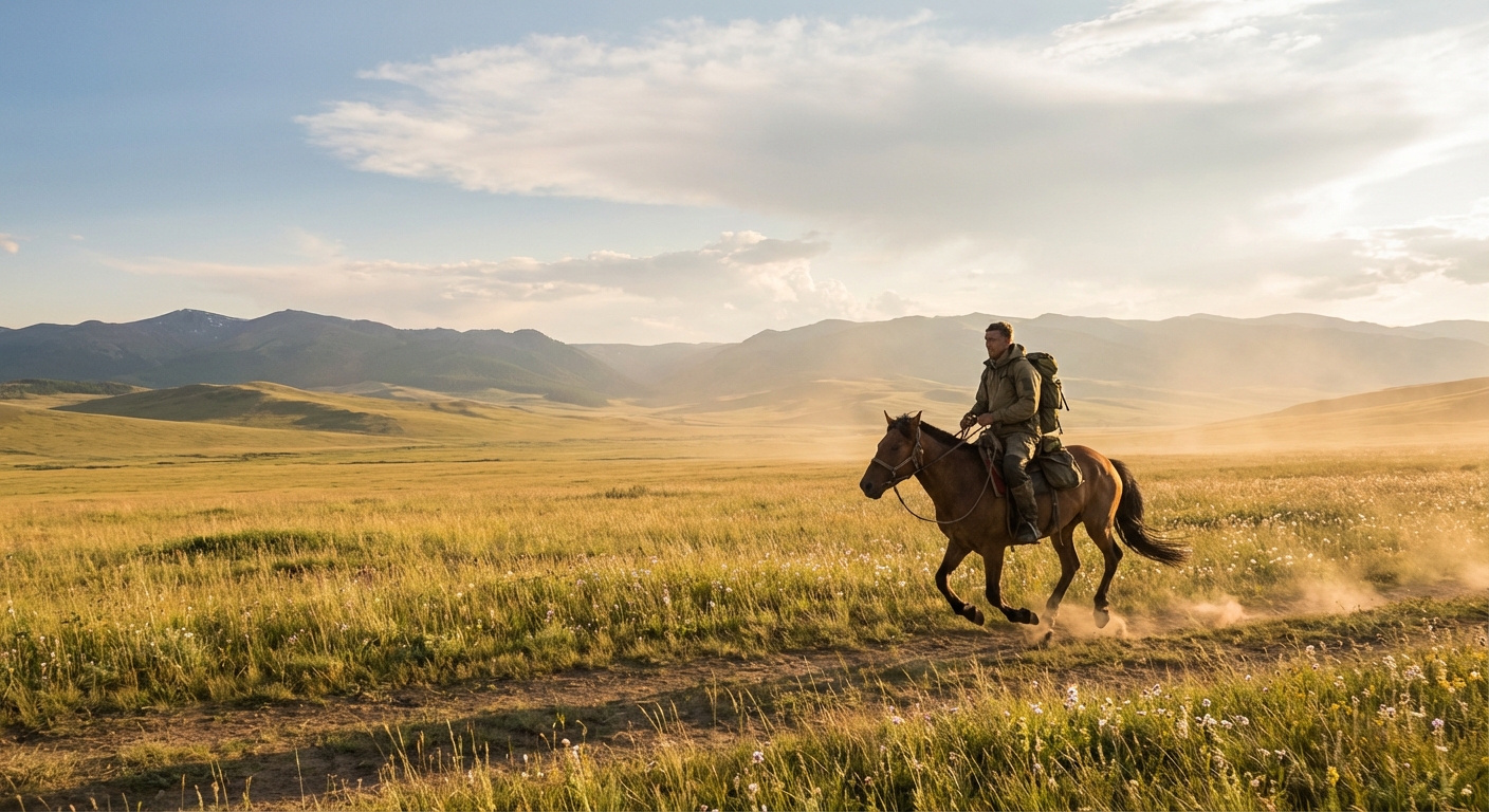 말을 타고 초원을 달리는 여행자