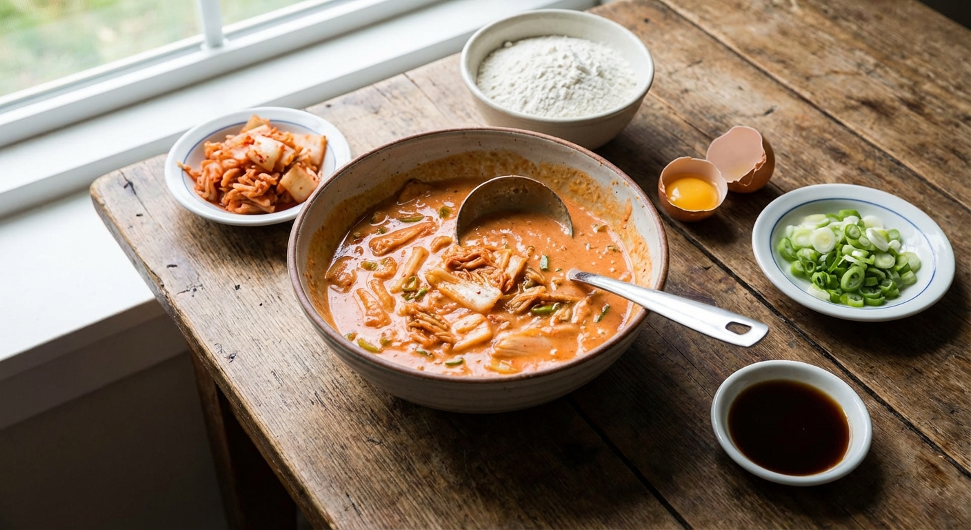 김치전 재료와 완성된 반죽 그릇