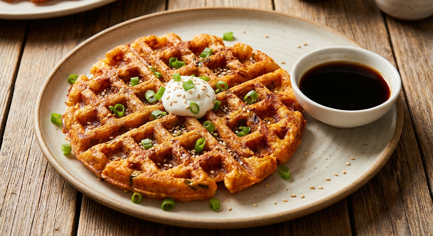 완성된 와플 김치전을 접시에 담은 모습